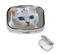 Cute White Cat Pill Box with Mirror, 2 Compartment Small Pill Case for Purse Or Pocket Mini Metal Pill Holder Travel Weekly Medicine Tablet Vitamin Holder Organizer Travel Gifts