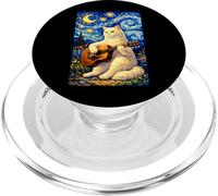 Cute White Cat Playing Guitar Whimsical Art Music Camping PopSockets PopGrip for MagSafe