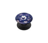 Cute White Cat Reading Book Cozy Navy Moon Pumpkin Night PopSockets Adhesive PopGrip