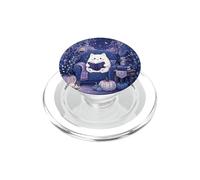 Cute White Cat Reading Book Cozy Navy Moon Pumpkin Night PopSockets PopGrip for MagSafe
