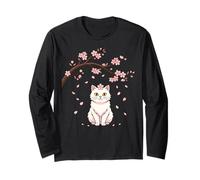 Cute White Cat Sakura Petals Japanese Spring Blossom Long Sleeve T-Shirt