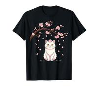 Cute White Cat Sakura Petals Japanese Spring Blossom T-Shirt
