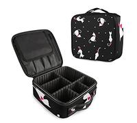 Cute White Cats with Pink Tie Seamless Pattern On Black Women's Portable Makeup Bags with Handle, Adjustable Dividers, Travel Cosmetic Toiletry Accessories Storage Organizer for Girls