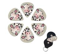 Cute White Cow Guitar Picks 6 Pack, 0.71mm Thickness Celluloid Bass Pick with Leather Guitar Pick Holder Keychain Abstract Art Pics Plectrum for Acoustic Electric Guitar, Ukulele, Bass