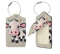 Cute White Cow Luggage Tag 1 PCS PU Leather Suitcase Tags Identifiers Travel Tags with Privacy Protection and Stainless Steel Loop Luggage Bag Tag for Women Men