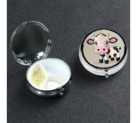 Cute White Cow Pill Box with Mirror 3 Compartment Decorative Pill Case for Purse or Pocket Small Round Pill Organizer Weekly Metal Medicine Tablet Vitamin Holder Travel Gift