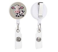 Cute White Cow Retractable Badge Reel - Personalized ID Name Badge Holder with Lanyard Cute Badges Reel Holder Round Nurse Doctor Name Tag Badges Clip for Work