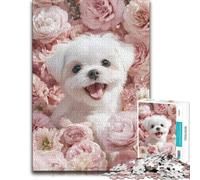 Cute White Dog Surrounded by Pink Flowers Jigsaw Puzzle, 1000 Pieces | A hands-on home pastime: a simple way to organise the image in spare time.