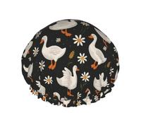 Cute White Duck and Daisy Shower Cap Dual-Layer Design Reusable Waterproof Comfortable and Stylish
