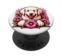 Cute White English Cream Golden Retriever Dog Pink Flowers PopSockets Swappable PopGrip