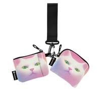 Cute White Fat Cat Dopamine Color Women's Change Wallet Card Cases Compact Size Key Chain Wallet Change Purse with Wristle Strap for Men 2 Pcs, cute white fat cat dopamine color, One Size, Art Deco