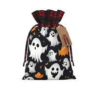 Cute White Ghost Halloween Pattern Print Christmas Party Gift Bags, Linen Drawstring Xmas Holiday Wedding Treat Candy Jewelry Sacks, Color Blocking Plaid Fabric