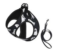 Cute White Ghost Halloween Pattern Print Harness Leash Set For Cat And Small Dog, Adjustable, Reflective, And Escape-Proof Vest With Soft Breathable Mesh Lining
