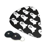 Cute White Ghost Halloween Pattern Printed Guitar Picks, 6 Pack with Leather Keychain Pick Holder - 0.46mm, 0.71mm, 0.96mm Assorted Thickness for Acoustic Ukulele, Electric Guitar