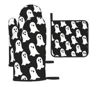 Cute White Ghost Halloween Pattern Printed Oven Mitts and Pot Holders Sets 3 Pcs - Kitchen Non-Slip Heat Resistant Oven Gloves for Baking Cooking Bbq