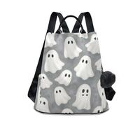 Cute White Ghosts Grey Backpack, Fashion Daypack with Anti Theft Back Opening, Multiple Pockets for Travel and Daily Use