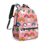 Cute White Llama Alpaca Print 16 Inch Backpack Colorful Rainbow Cactus Pattern Vibrant 360 Degree Graphic Travel Daypack (06)