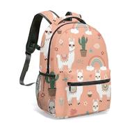 Cute White Llama Alpaca Print 16 Inch Backpack Colorful Rainbow Cactus Pattern Vibrant 360 Degree Graphic Travel Daypack (02)