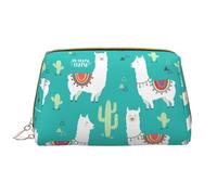 Cute White Llama and Cactus Leather Hand-Held Zipper Makeup Bag Cute Make Up Case Large Wide-Open Pouch Pen Case
