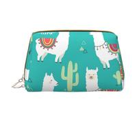 Cute White Llama and Cactus Leather Hand-Held Zipper Makeup Bag Storage Bag for Miscellaneous Items Pen Case