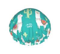 Cute White Llama And Cactus Print Shower Cap Reusable Bath Cap Double Layer Bath Hair Caps, Keeps Hair Dry, Fits All Head