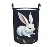 Cute White Rabbit Large Laundry Basket Waterproof Oxford Fabric Collapsible Laundry Hamper With Handle, Round Folding Dirty Clothes Washing Storage Baskets For Bedroom Bathroom Dorm Living Room