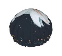 Cute White Rabbit Print Large Waterproof Shower Bonnet For Women Long Hair, Washable Elastic Band Bath Hair Hat