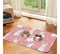 Cute White Rabbit Print Pet Food Mat Absorbent Non Slip PU Leather Feeding Mat for Dogs Cats Rubber Bottom