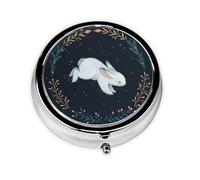 Cute White Rabbit Print Round Pill Box,Portable Mini Metal Pill,Pill Box 3 Compartment Medicine Pill Case