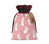 Cute White Rabbit Printed Gift Bags with Drawstring â€“ Christmas Party Holiday Sacks â€“ Festive Pouches for Goodie, Treats