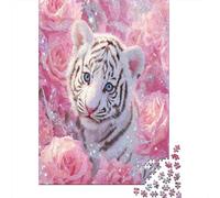 Cute White Tiger Cub Puzzles Pink Rose Gemusterte Nachhaltige Puzzles Für Erwachsene Hochwertige Holzspielpuzzles 70x50cm/1000pcs