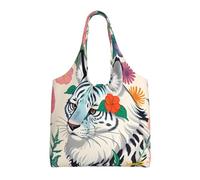 Cute white tiger Printed Canvas Bag Women's Fashion Shoulder Tote Bag Lightweight Shopping Bag