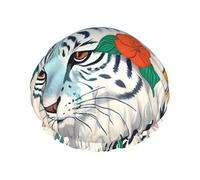 Cute white tiger Printed shower cap, reusable, double-layered design, suitable for women to wrap their hair, wash their face, and apply face masks.
