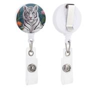 Cute White Tiger Retractable Badge Reel - Personalized ID Name Badge Holder with Lanyard Cute Badges Reel Holder Round Nurse Doctor Name Tag Badges Clip for Work