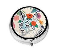 Cute White Tiger Round Mini Pill Box: 3-Compartment Portable Metal Pill Organizer with Snap Closure, Ideal for Daily Travel Use