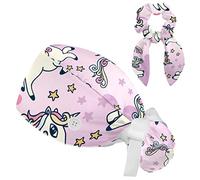 Cute White Unicorns Pink Little Stars Scrub Cap, Adjustable Tie Back Hat, One Size Working Head Cover for Women Long Hair for Woman