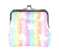 Cute White unicorns Silhouette on Rainbow Colorful Stripes Women Leather Mini Buckle Coin Purse, Clasp Kiss Lock Closure Card Key Change Wallet for Women Girls Men Girl