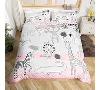 Cute Wild Animals Duvet Cover Set Single Size,Cartoon Lion Zebra Monkey Giraffe Elephant Comforter Cover for Kids Boys Bedroom Decor,Pink Grey Kids Zoo Themed Bedding Set with 1 Pillowcase, Polyester