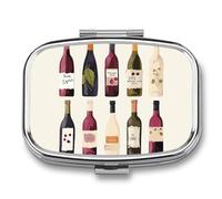Cute Wines Bottle Pill Box 2 Compartment, Portable Pill Case with Mirror for Pocket Purse Travel, Mini Metal Medicine Organizer for Vitamins Fish Oil