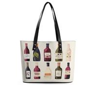 Cute Wines Bottle Tote Bag Large Soft Leather Purse with Zipper Lightweight Ladies Shoulder Handbag