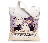 Cute Witch And Ghost Coven Quote Halloween Canvas Tote Bag 13x15 Inch | Black Cats, Friendly Ghosts, Fanciful Witch Illustration, Seasonal Candy Motifs, Cozy Autumn Atmosphere