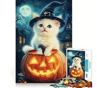 Cute Witch Cat on Pumpkin Jigsaw Puzzle for Adults 1000 Pieces Logic Fun Clear Hue Playful Challenge Santa Present (38x26cm)