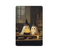 Cute Witch Ghosts Reading Old Library Tin Metal Signs Wall Art Decorations for Bar Pub Club Cafe Room Farmhouse White 30x20cm