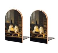 Cute Witch Ghosts Reading Old Library Wooden Bookends Shelves 2 PCS Sturdy Book Holders Desktop Organizer for Home Office Libraries
