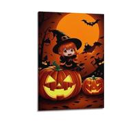 Cute Witch Girl on Pumpkin Halloween Decorative Paintings, Adorable Spooky Decor, Kids Bedroom Poster Artistic Wall Mural Modern Hanging Decor Poster20x30inch(50x75cm)