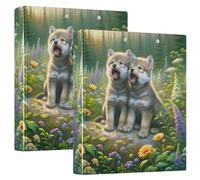 Cute Wolf Flowers Grass Green 1 1/2 Inch Folders 3 Rings Hold 200 Sheets Cute Folders Portfolio Floral Round Ring Heavy Duty Folder, 31.5 x 27 x 6 cm, 2 Pieces
