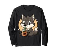 Cute Wolf Kawaii Anime Drinking Bubble Tea Girl Kids Long Sleeve T-Shirt