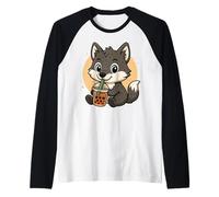 Cute Wolf Kawaii Anime Drinking Bubble Tea Girl Kids Raglan Baseball Tee