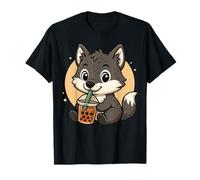 Cute Wolf Kawaii Anime Drinking Bubble Tea Girl Kids T-Shirt