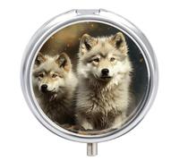 Cute Wolf Metal Pill Organizer, 3 Compartment Waterproof Pill Case with Mirror for Purse Pocket Bag, Daily Medicine Vitamin Holder, Portable Travel Med Container(Round)